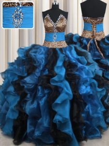 Suitable Leopard Two Tone Blue And Black Ball Gowns Organza and Printed V-neck Sleeveless Beading and Ruffles Floor Length Lace Up 15 Quinceanera Dress