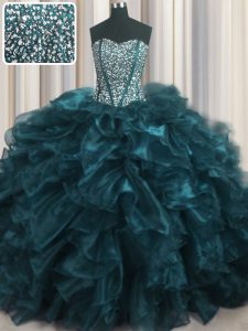 Superior Visible Boning Bling-bling Sleeveless With Train Beading and Ruffles Lace Up 15 Quinceanera Dress with Teal Brush Train