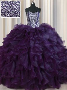 Visible Boning Bling-bling Dark Purple Ball Gowns Beading and Ruffles Quinceanera Dresses Lace Up Organza Sleeveless With Train