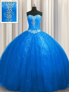 Stunning Court Train Ball Gowns Quinceanera Dress Blue Sweetheart Tulle and Sequined Sleeveless With Train Lace Up