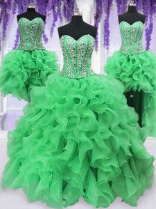 Trendy Four Piece Floor Length Green Quinceanera Gowns Sweetheart Sleeveless Lace Up