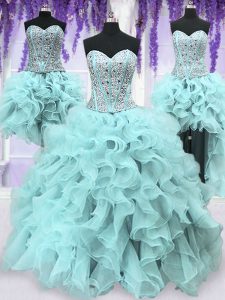 Four Piece Ruffles and Sequins Quinceanera Dress Light Blue Lace Up Sleeveless Floor Length