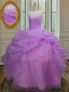 Flare Floor Length Lilac Quinceanera Dress Organza Sleeveless Embroidery and Pick Ups