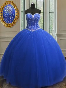 Pretty Sleeveless Floor Length Beading and Sequins Lace Up Quinceanera Gowns with Royal Blue
