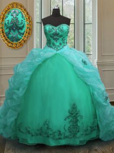 Dazzling Pick Ups With Train Turquoise Sweet 16 Dress Sweetheart Sleeveless Court Train Lace Up