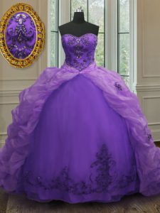 Organza Sweetheart Sleeveless Court Train Lace Up Beading and Appliques and Pick Ups Sweet 16 Dress in Purple