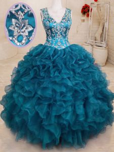 Fabulous Teal Sleeveless Beading and Embroidery and Ruffles Floor Length Quinceanera Gowns