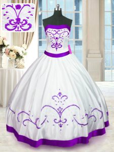 Floor Length White Quince Ball Gowns Satin Sleeveless Beading and Embroidery