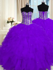 Charming Sleeveless Organza Floor Length Lace Up 15th Birthday Dress in Eggplant Purple with Beading and Ruffles
