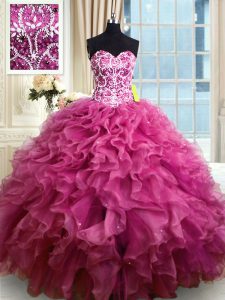 Super Organza Sweetheart Sleeveless Lace Up Beading and Ruffles Quinceanera Dresses in Fuchsia