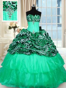 Extravagant Printed Ruffled Turquoise Sweet 16 Dresses Strapless Sleeveless Sweep Train Lace Up