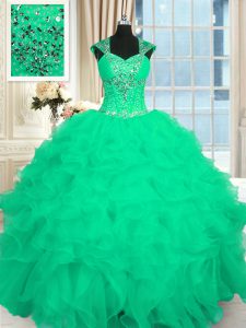 Turquoise Lace Up Ball Gown Prom Dress Beading and Ruffles and Pattern Cap Sleeves Floor Length