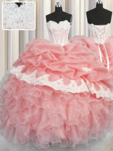 Watermelon Red and Baby Pink Sweetheart Neckline Appliques and Ruffles and Pick Ups Vestidos de Quinceanera Sleeveless Lace Up