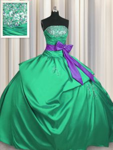Gorgeous Floor Length Lace Up Sweet 16 Quinceanera Dress Green for Military Ball and Sweet 16 and Quinceanera with Beading and Pick Ups and Bowknot