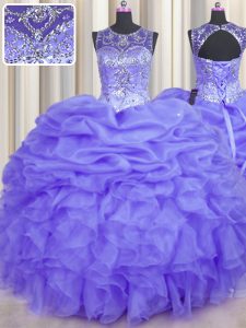 Delicate See Through Sleeveless Beading and Ruffles and Pick Ups Lace Up Vestidos de Quinceanera
