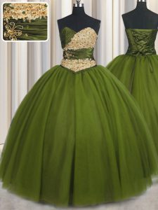 Olive Green Lace Up Sweetheart Beading and Ruching and Belt Quinceanera Dresses Tulle Sleeveless