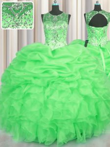 Super See Through Organza Scoop Sleeveless Lace Up Beading and Ruffles and Pick Ups Vestidos de Quinceanera in