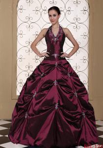 Burgundy Halter Top A-line Sweet Sixteen Dresses Embroidery With Beading