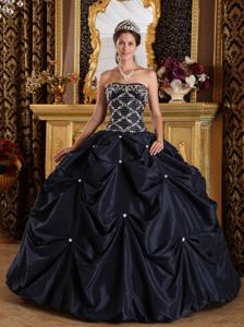 Black Taffeta Strapless Sweet 15 Dresses with Beading and Pick-ups in Ellicott City