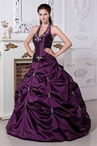 Luxurious Halter Embroidered Eggplant Purple Dress for Quinceanera in Aspen