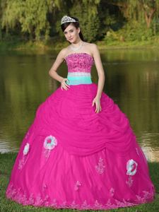 Hot Pink Strapless Appliqued Exclusive Quinceanera Dresses with Pick Ups in Homer