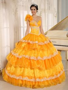 Elegant Hand Flowery One Shoulder Appliqued Ruffled Orange Quinceanera Gowns