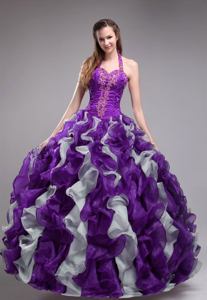 Popular Halter Purple Ruched Ruffled Quinceanera Gowns with Appliques in Chico