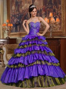Purple A-line Sweetheart Quinceanera Dress with Embroidery and Ruffled Layers