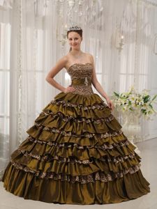 Brown Sweetheart Taffeta and Leopard Ruffles Quinceanera Dress in Chesterfield