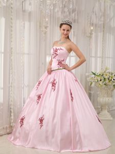 Pink A-line Strapless Taffeta with Appliques Quinceanera Dress in Duluth