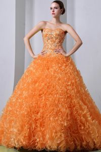Orange Red Beaded Sweetheart Brush Quince Dresses with Ruffles in Troy