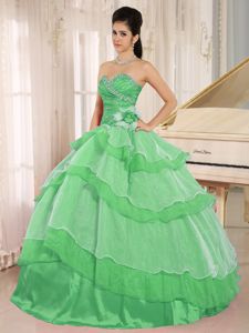 Green Beaded Sweetheart Long Quinceanera Dress with Flower and Layers