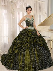 Olive Green Appliqued Long Quinceanera Gowns with Pick-ups and Straps