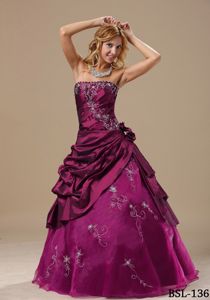 Strapless Fuchsia Long Quinceanera Gowns with Embroidery and Pick-ups