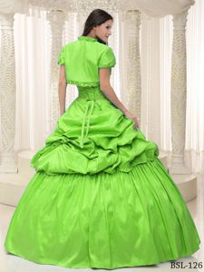 Spring Green Appliqued Sweetheart Quinceanera Gown Dress with Pick-ups