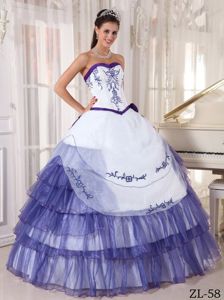Unique White and Purple Sweetheart Long Quince Dresses with Embroidery
