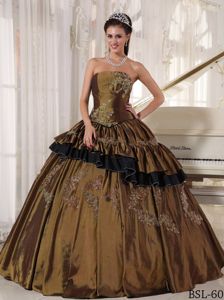 Brown Beaded Strapless Long Quinceanera Gown with Appliques in Helena