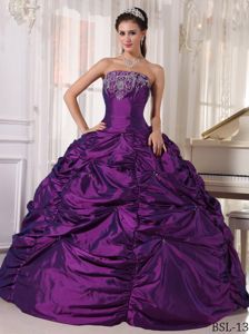 Strapless Purple Long Sweet Sixteen Dresses with Pick-ups and Embroidery