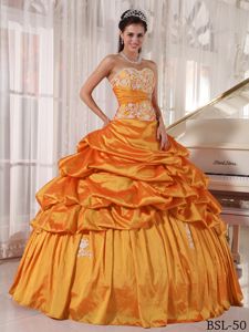 Orange Appliqued Sweetheart Long Quinces Dresses with Pick-ups in Acton