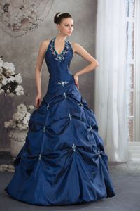 Navy Blue Halter Beading Appliques Pretty Quinceanera Dress in Mantecal