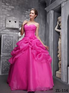 Ruched Flowers Hot Pink Organza Beaded Edelira Quinceanera Dresses