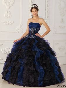 Ruffled Blue and Black Beaded Brand Sweet 16 Dresses in Panama City