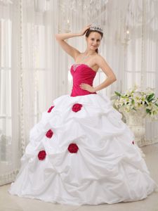 Hot Pink and White Strapless Hand Made Flower Dress for Quince