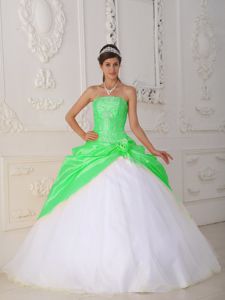 Strapless Appliques Green and White Sweet 15 Dresses Floor-length