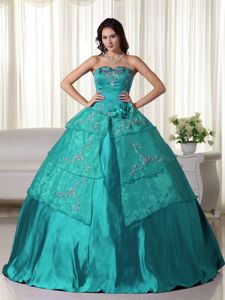 Turquoise Ball Gown Strapless Embroidery Quinceanera Dress