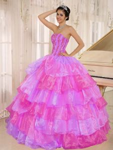 Ruffled Appliques Hot Pink and Lilac Quinceanera Dress in Jutiapa