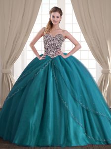 Noble Teal Sleeveless With Train Beading Lace Up Quince Ball Gowns