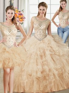 Three Piece Scoop Champagne Tulle Lace Up 15 Quinceanera Dress Sleeveless Floor Length Beading and Ruffles