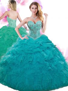 Pick Ups Teal Sleeveless Organza Lace Up Ball Gown Prom Dress for Military Ball and Sweet 16 and Quinceanera