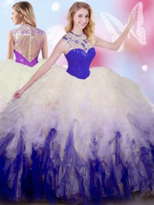 Lovely White And Purple Sleeveless Tulle Zipper Quince Ball Gowns for Military Ball and Sweet 16 and Quinceanera